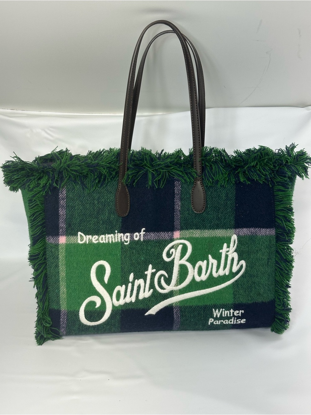 MC2 Saint Barth Colette Bag Green  Plaid W/Fringed Tote Bag - Leather Handle